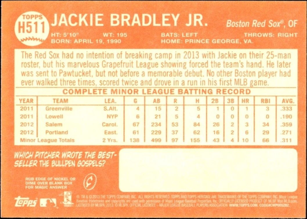 2013 Topps Heritage High Number Jackie Bradley Jr. #H511 baseball trading card back