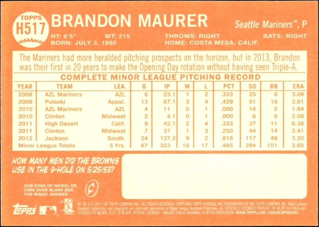 2013 Topps Heritage High Number Brandon Maurer #H517 baseball trading card back