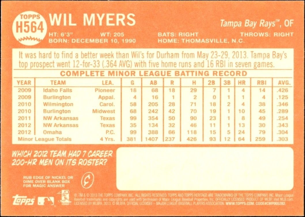 2013 Topps Heritage High Number Wil Myers #H564 baseball trading card back