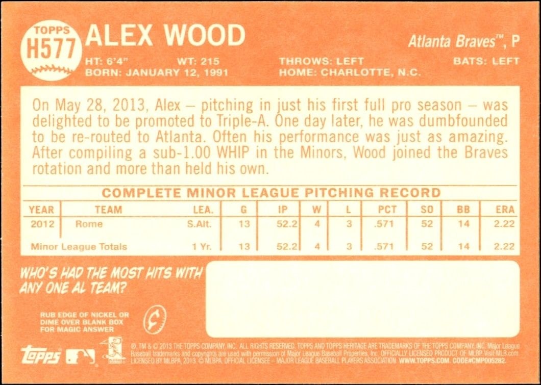 2013 Topps Heritage High Number Alex Wood #H577 baseball trading card back