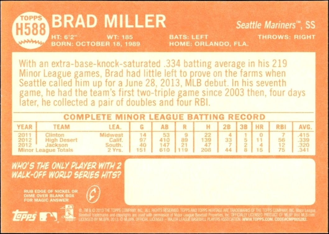 2013 Topps Heritage High Number Brad Miller #H588 baseball trading card back