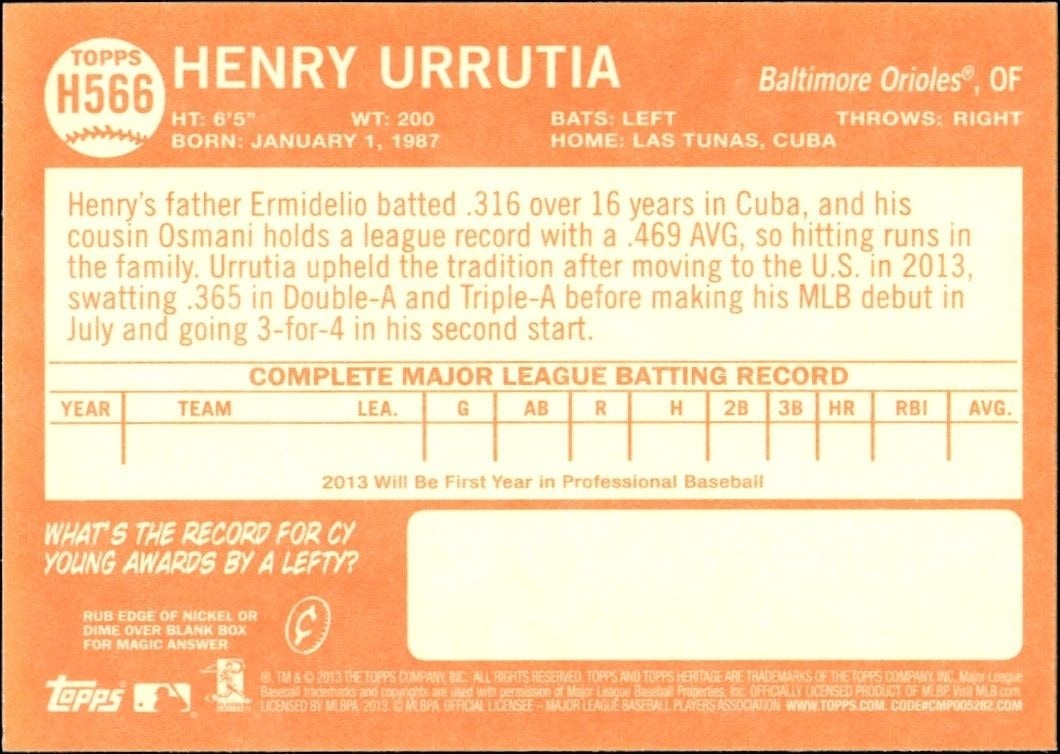 2013 Topps Heritage High Number Henry Urrutia #H566 baseball trading card back