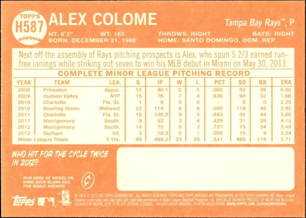 2013 Topps Heritage High Number Alex Colome #H587 baseball trading card back