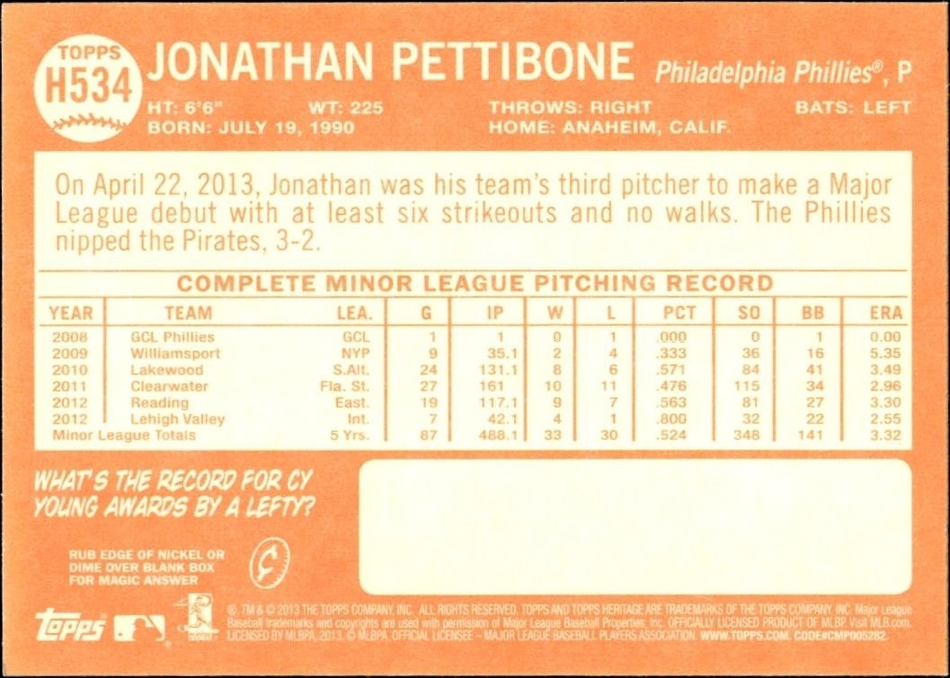 2013 Topps Heritage High Number Jonathan Pettibone #H534 baseball trading card back
