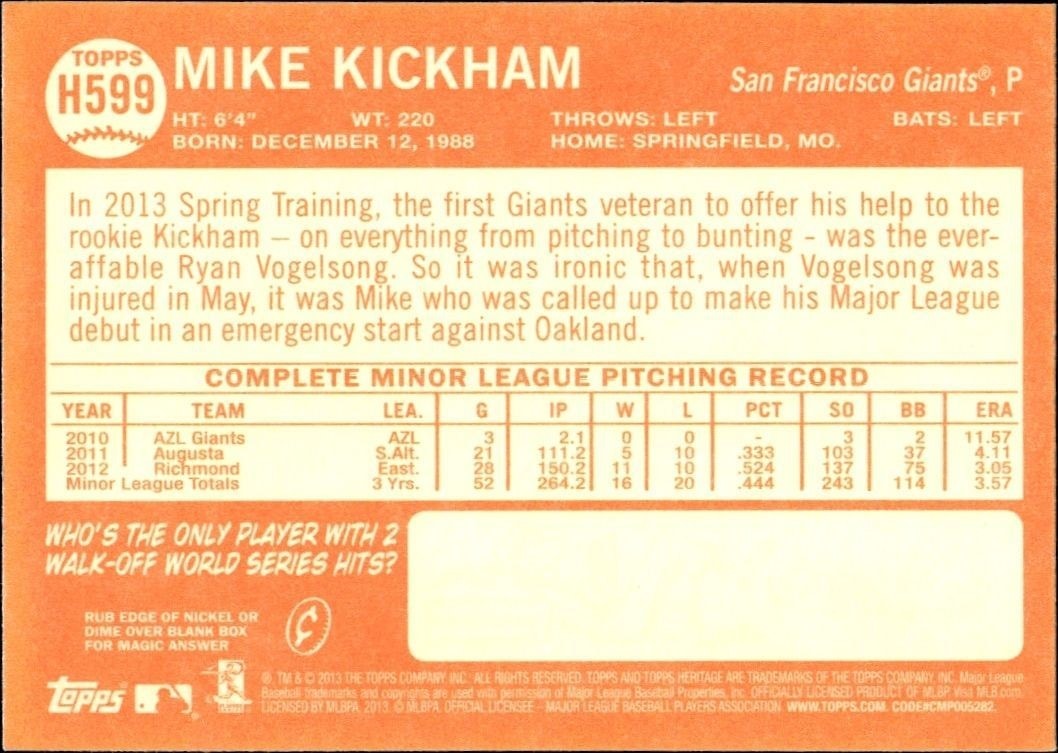 2013 Topps Heritage High Number Mike Kickham #H599 baseball trading card back