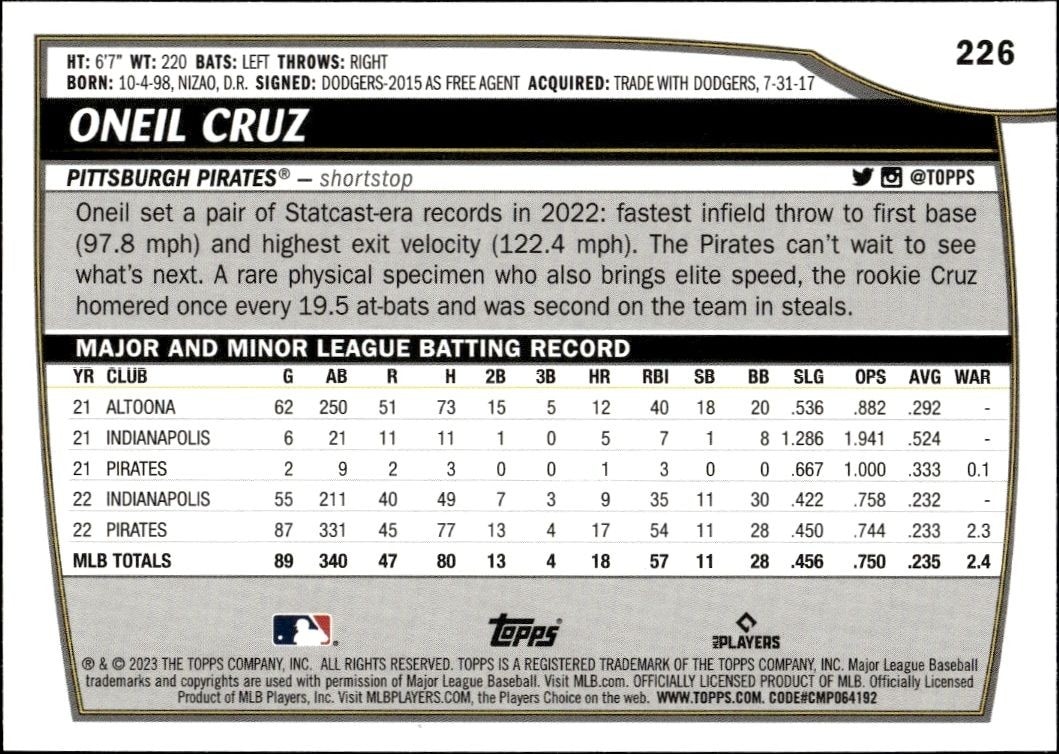 2023 Topps Big League Oneil Cruz #226 baseball trading card back