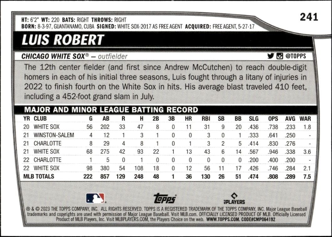 2023 Topps Big League Luis Robert #241 baseball trading card back