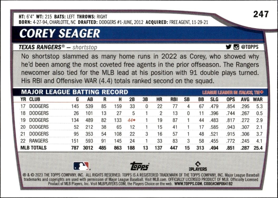 2023 Topps Big League Corey Seager #247 baseball trading card back