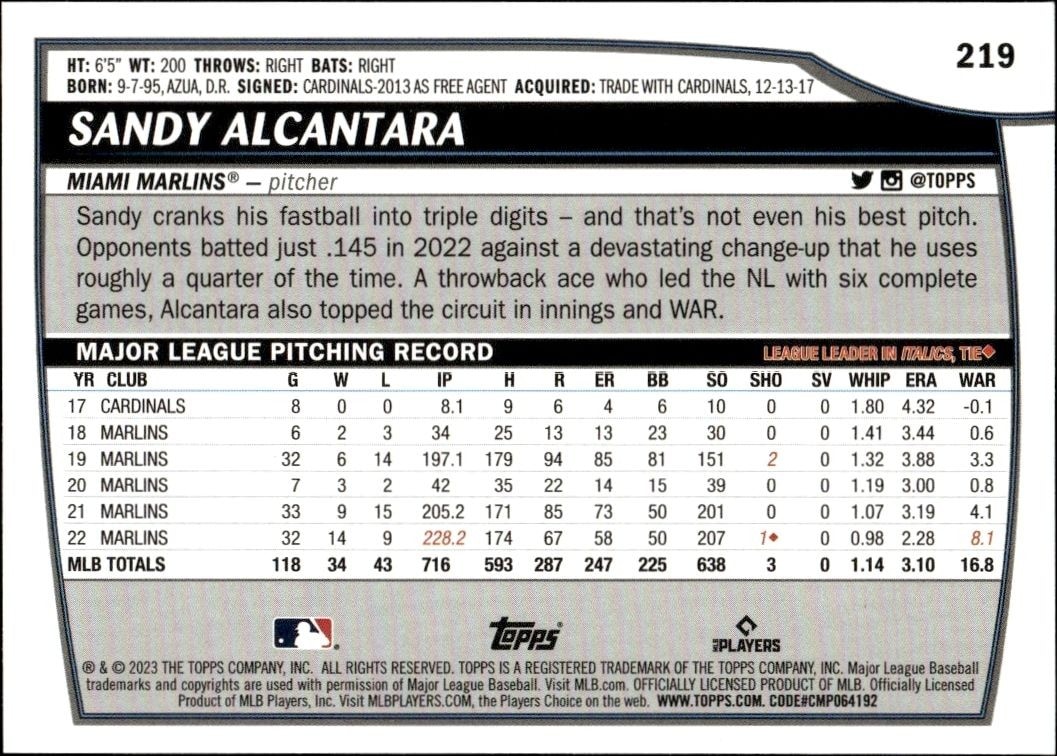2023 Topps Big League Sandy Alcantara #219 baseball trading card back