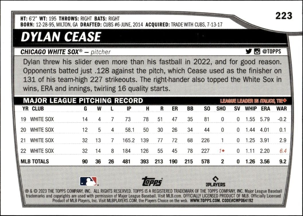 2023 Topps Big League Dylan Cease #223 baseball trading card back