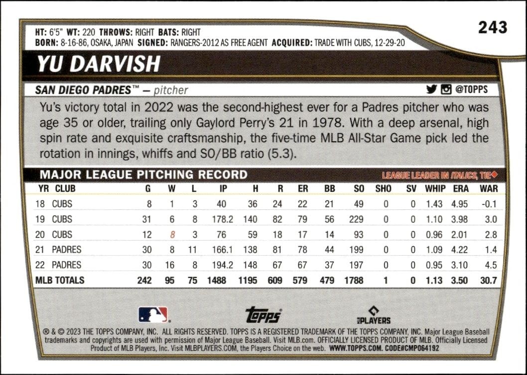 2023 Topps Big League Yu Darvish #243 baseball trading card back