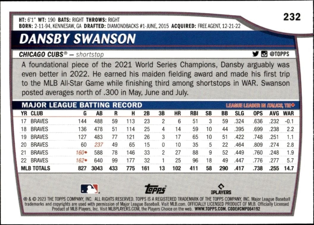2023 Topps Big League Dansby Swanson #232 baseball trading card back