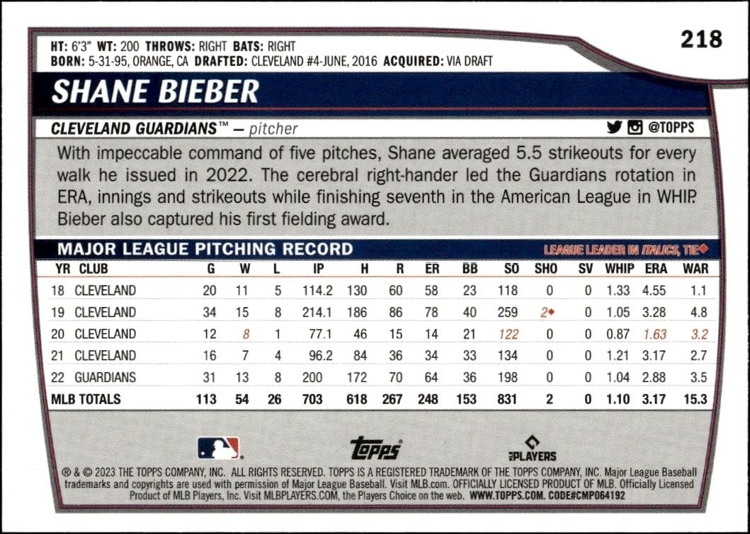 2023 Topps Big League Shane Bieber #218 baseball trading card back