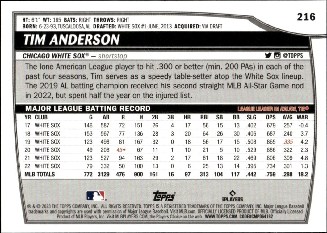 2023 Topps Big League Tim Anderson #216 baseball trading card back