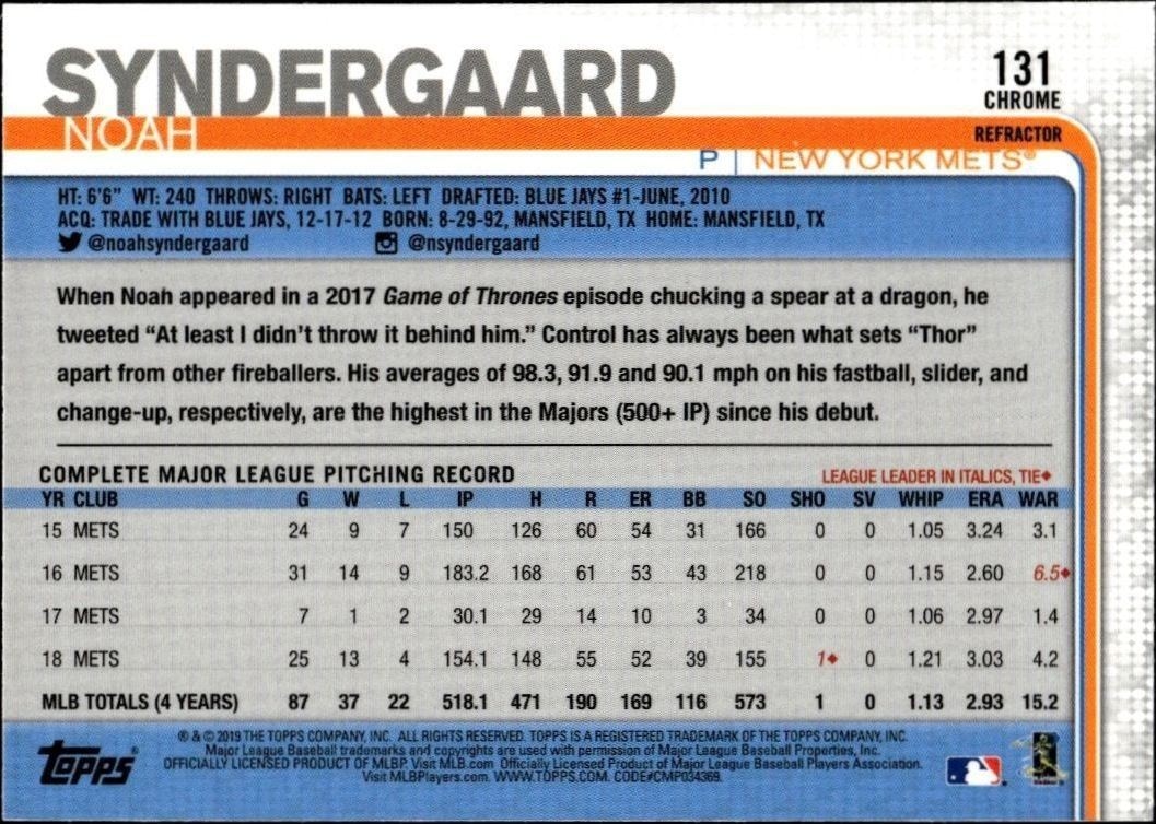 2019 Topps Chrome Noah Syndergaard #131 baseball trading card back