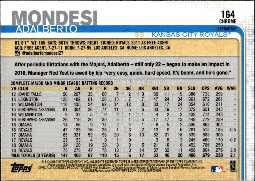 2019 Topps Chrome Adalberto Mondesi #164 baseball trading card back