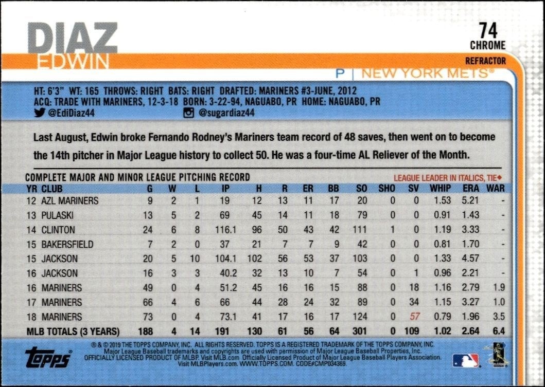 2019 Topps Chrome Edwin Diaz #74 baseball trading card back
