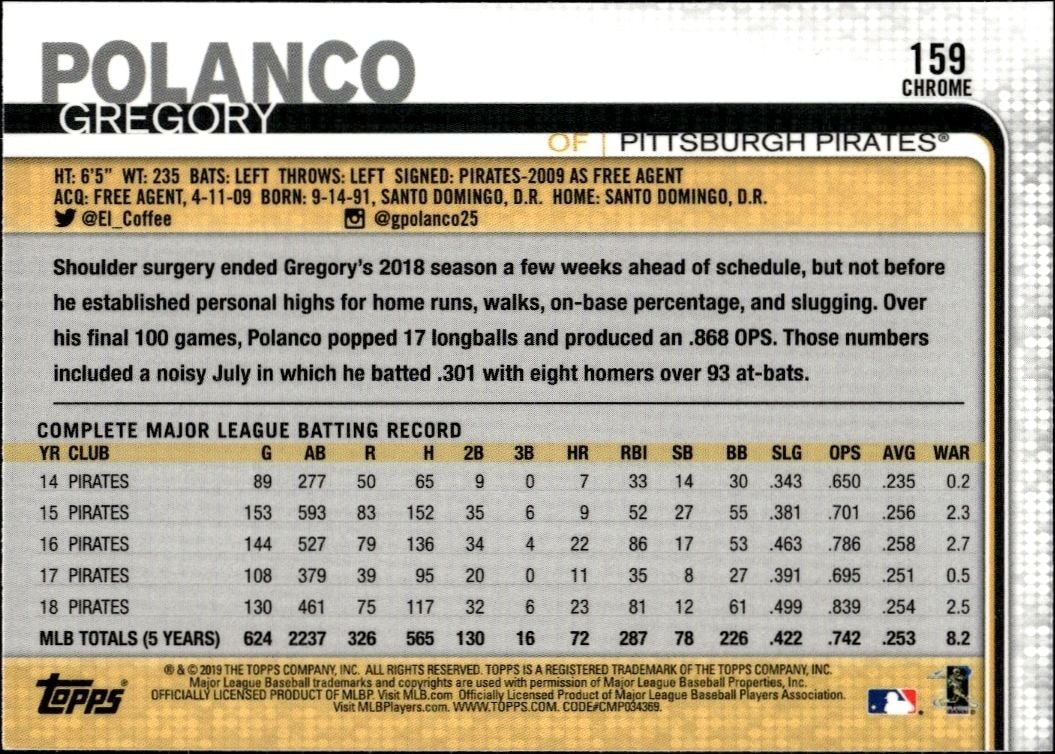 2019 Topps Chrome Gregory Polanco #159 baseball trading card back