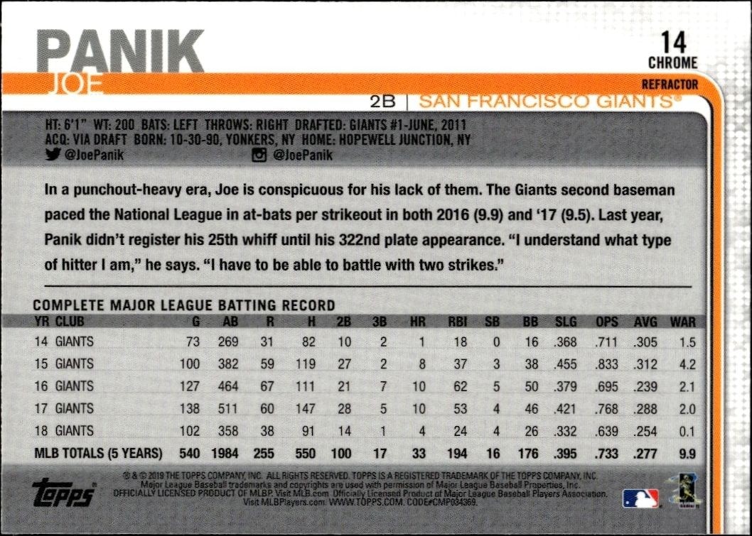 2019 Topps Chrome Joe Panik #14 baseball trading card back