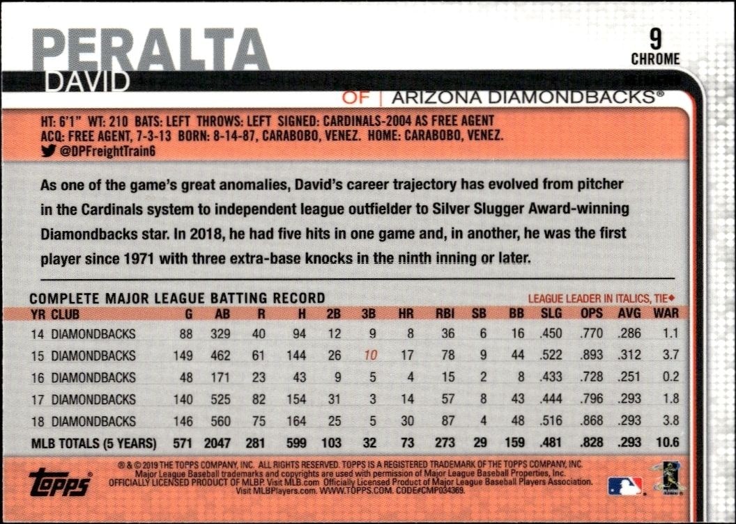 2019 Topps Chrome David Peralta #9 baseball trading card back