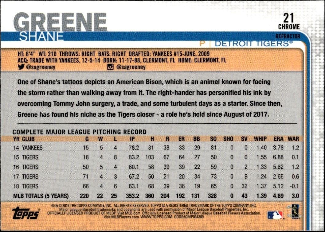 2019 Topps Chrome Shane Greene #21 baseball trading card back