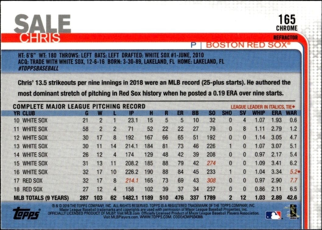 2019 Topps Chrome Chris Sale #165 baseball trading card back