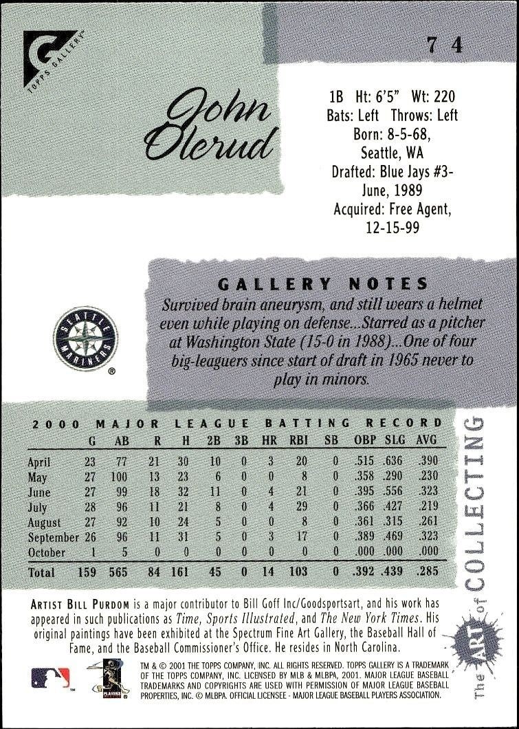 2001 Topps Gallery John Olerud #74 baseball trading card back