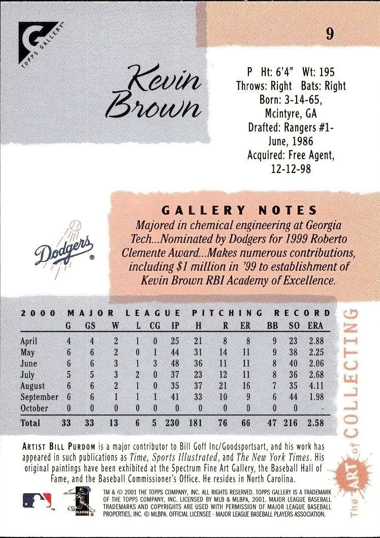 2001 Topps Gallery Kevin Brown #9 baseball trading card back