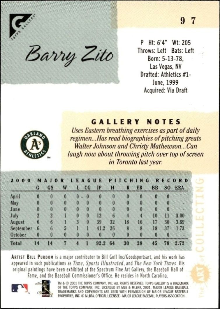 2001 Topps Gallery Barry Zito #97 baseball trading card back
