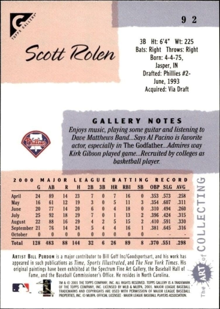 2001 Topps Gallery Scott Rolen #92 baseball trading card back