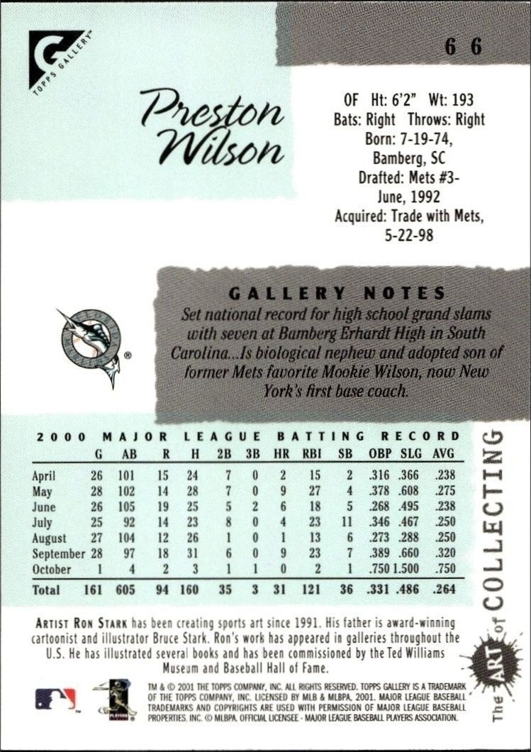 2001 Topps Gallery Preston Wilson #66 baseball trading card back