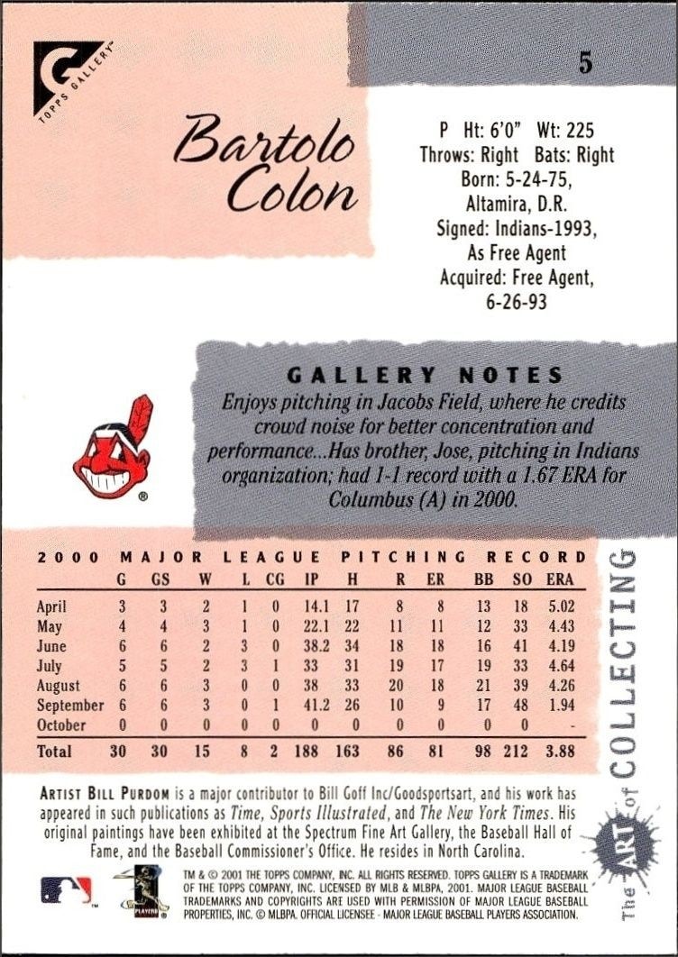 2001 Topps Gallery Bartolo Colon #5 baseball trading card back