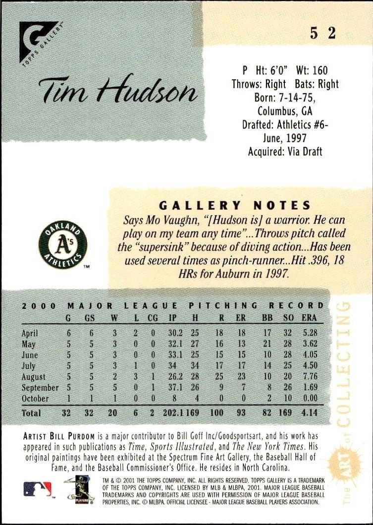 2001 Topps Gallery Tim Hudson #52 baseball trading card back