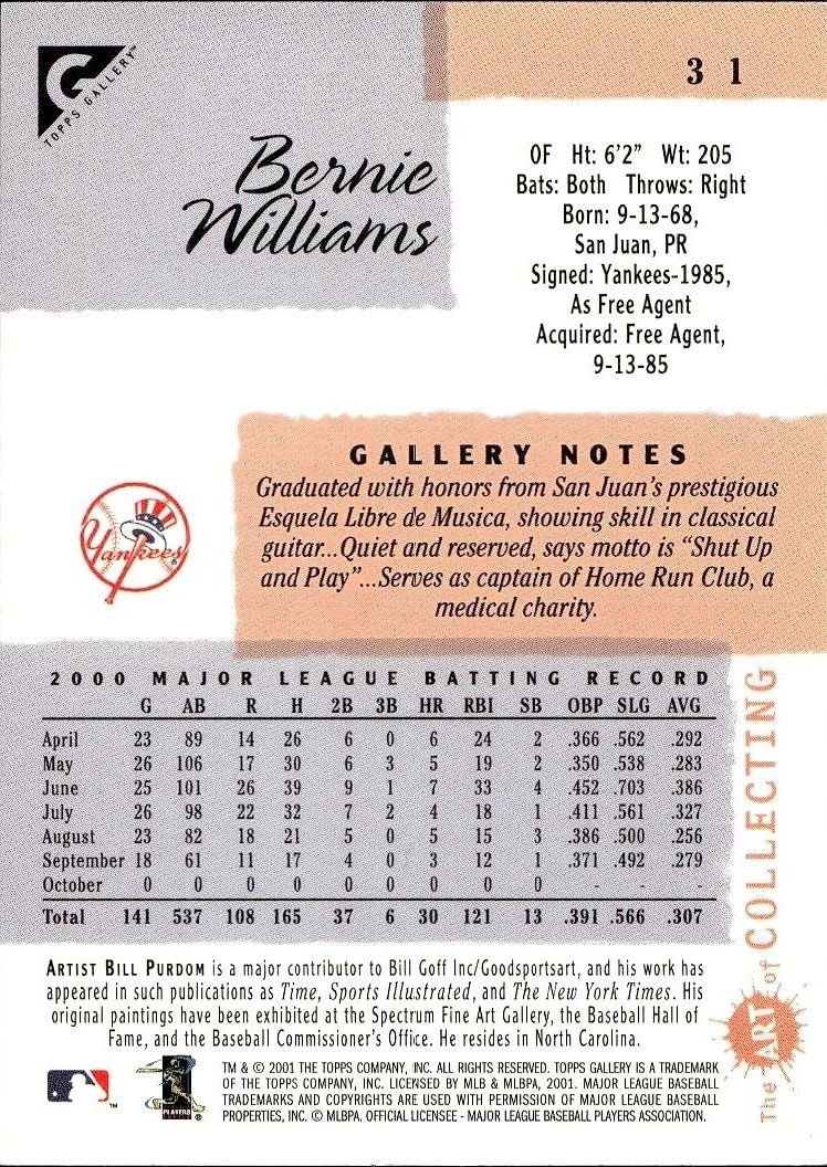 2001 Topps Gallery Bernie Williams #31 baseball trading card back