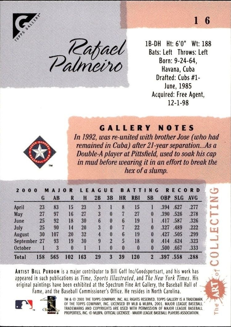 2001 Topps Gallery Rafael Palmeiro #16 baseball trading card back