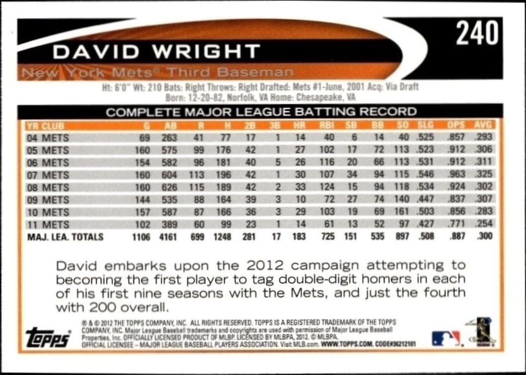 2012 Topps David Wright #240 baseball trading card back