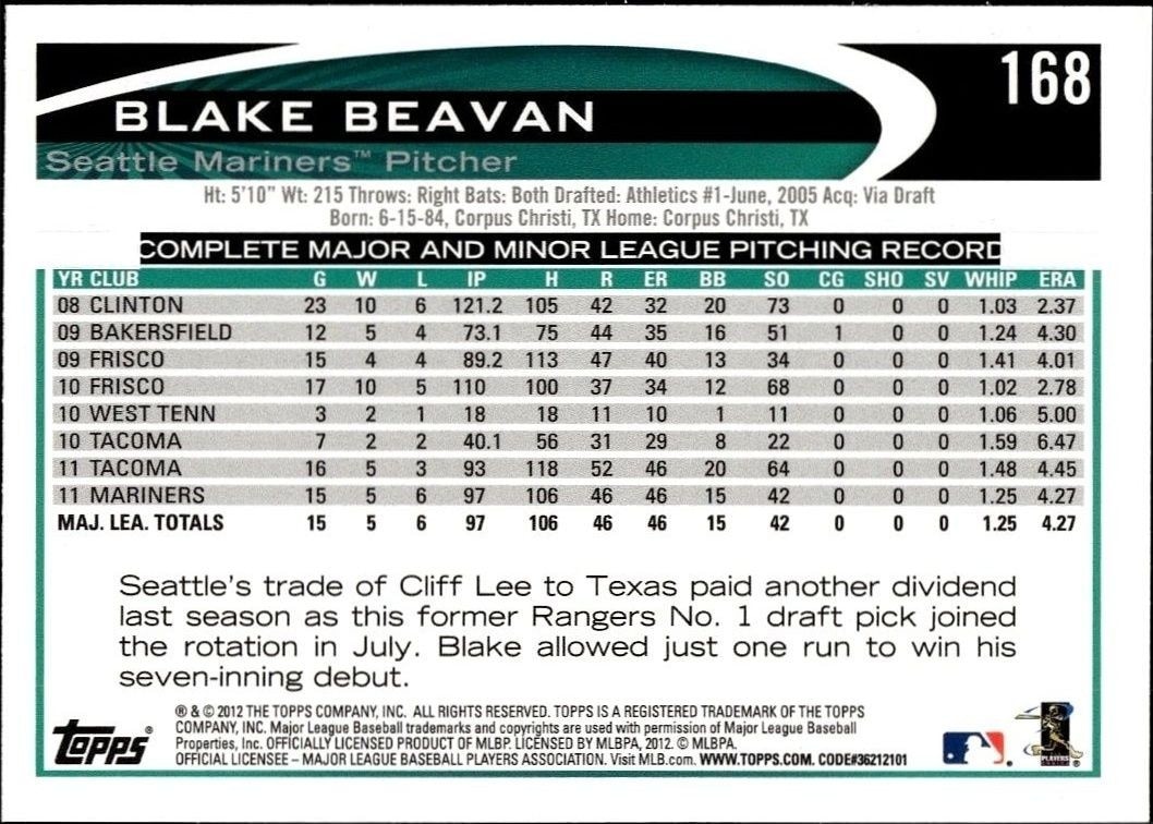 2012 Topps Blake Beavan #168 baseball trading card back