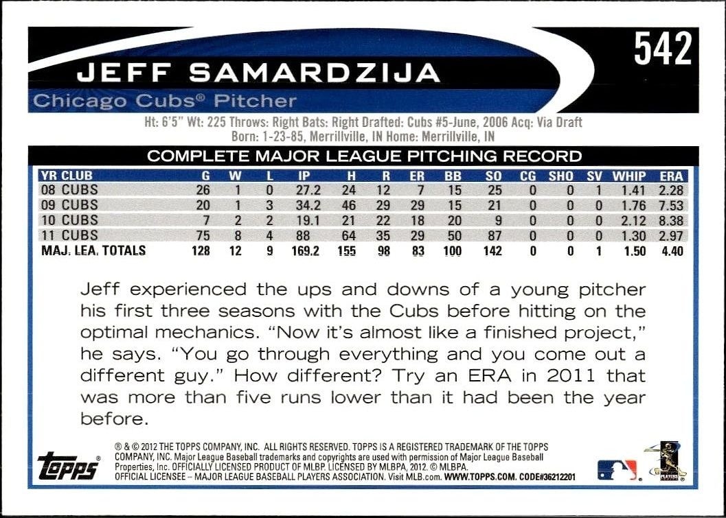 2012 Topps Jeff Samardzija #542 baseball trading card back