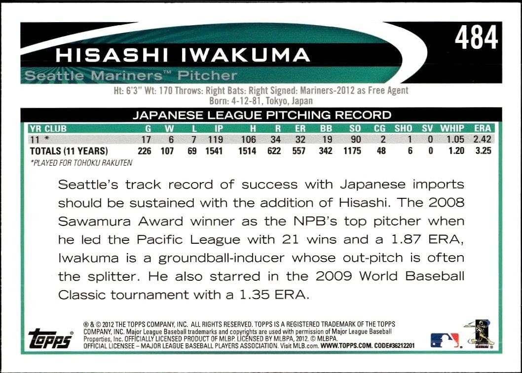 2012 Topps Hisashi Iwakuma #484 baseball trading card back