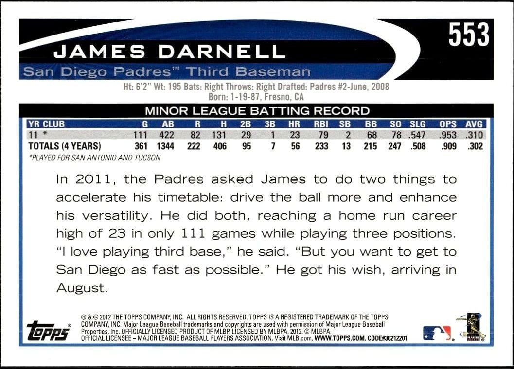 2012 Topps James Darnell #553 baseball trading card back