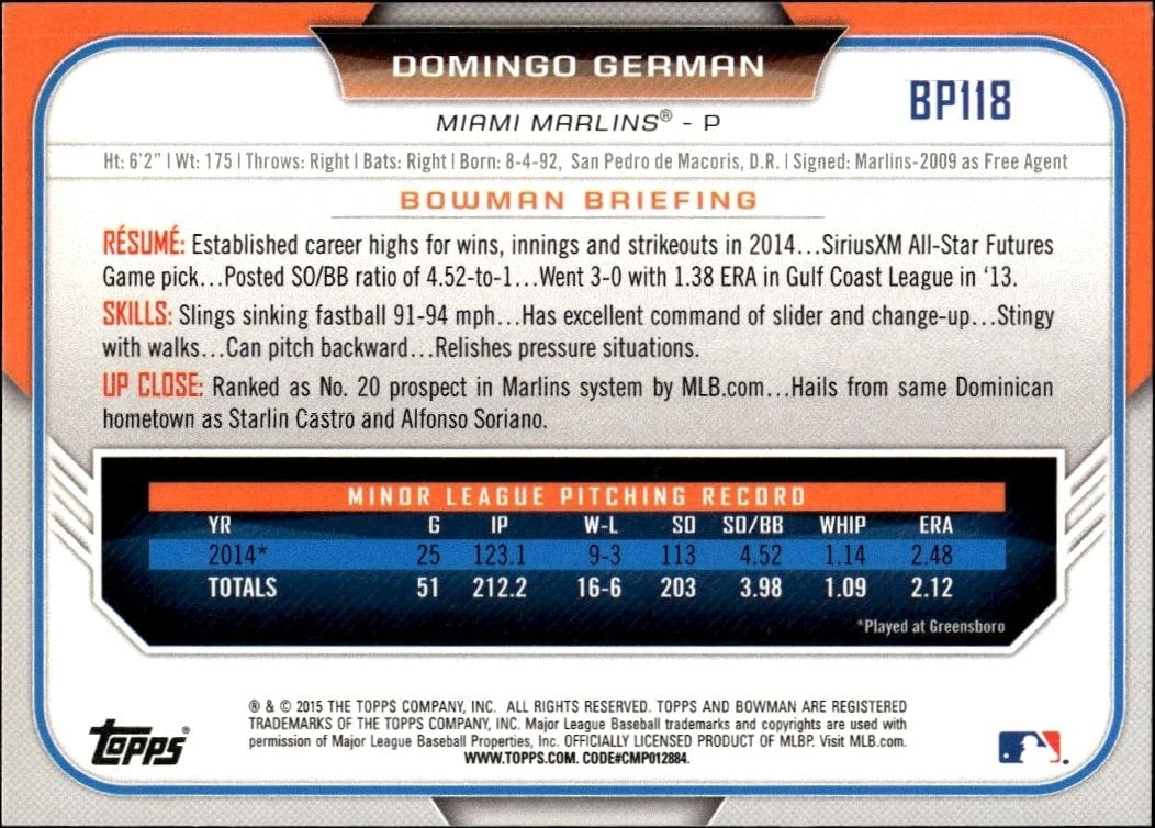 2015 Bowman Domingo German #BP118 baseball trading card back