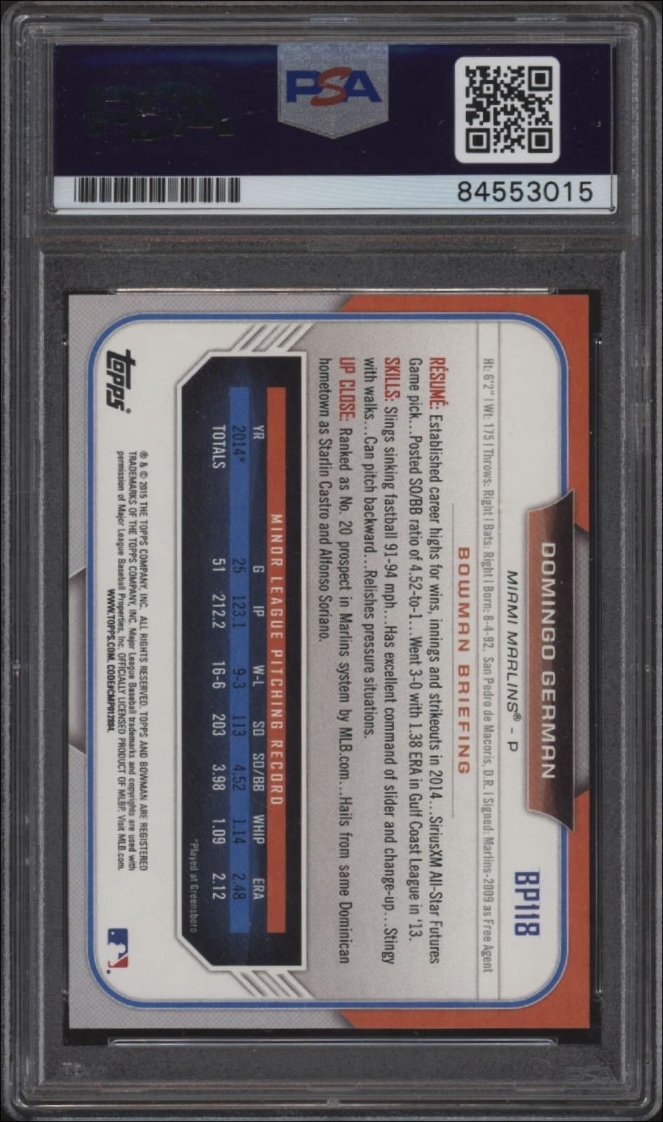 2015 Bowman Domingo German #BP118 baseball trading card back