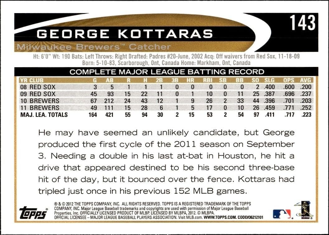 2012 Topps George Kottaras #143 baseball trading card back