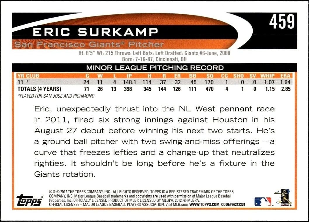 2012 Topps Eric Surkamp #459 baseball trading card back
