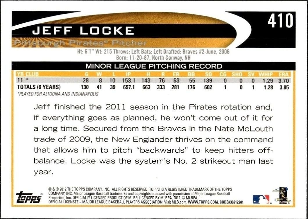 2012 Topps Jeff Locke #410 baseball trading card back