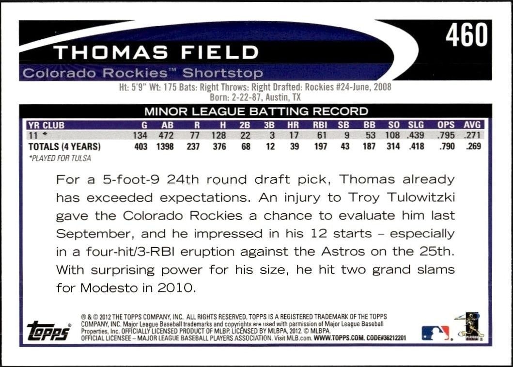 2012 Topps Thomas Field #460 baseball trading card back