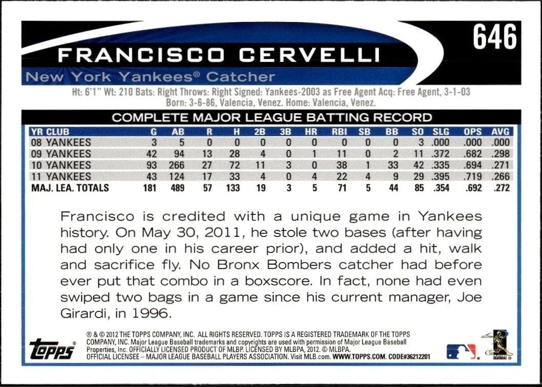 2012 Topps Francisco Cervelli #646 baseball trading card back