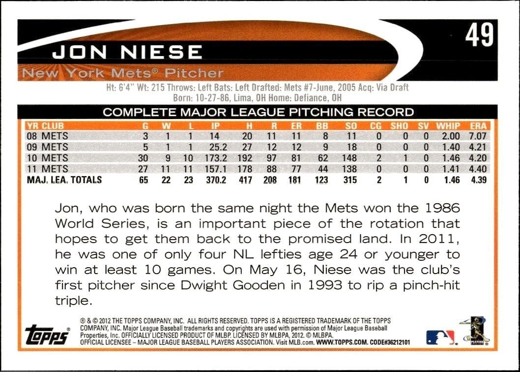 2012 Topps Jon Niese #49 baseball trading card back