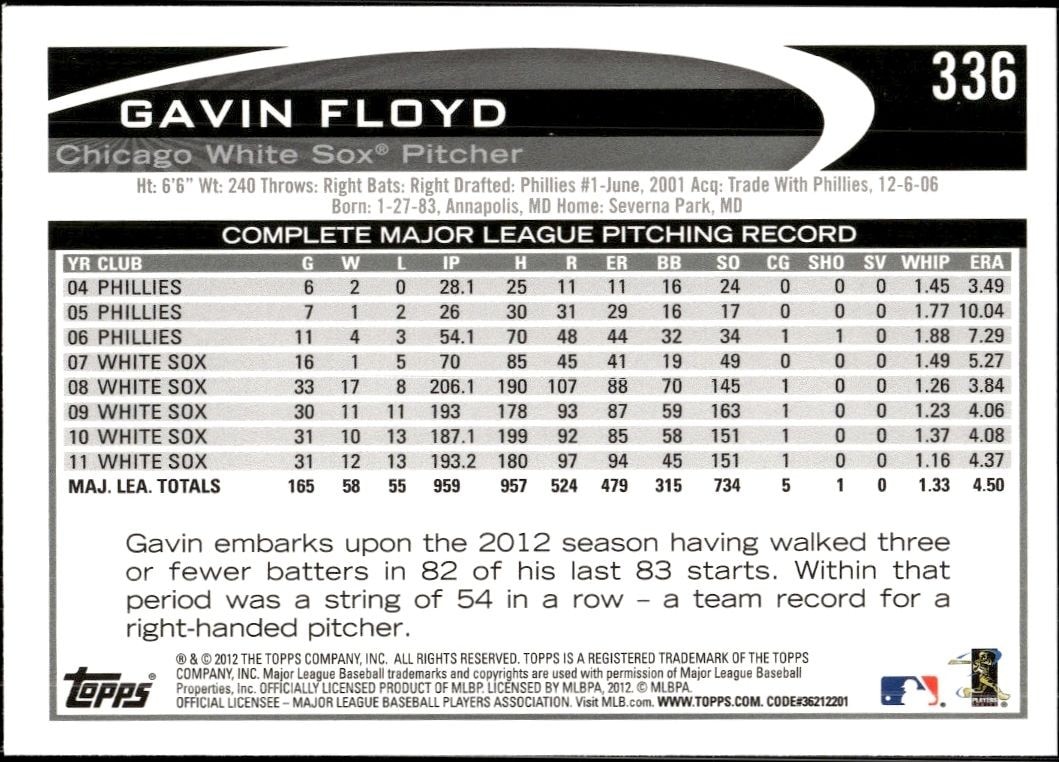 2012 Topps Gavin Floyd #336 baseball trading card back