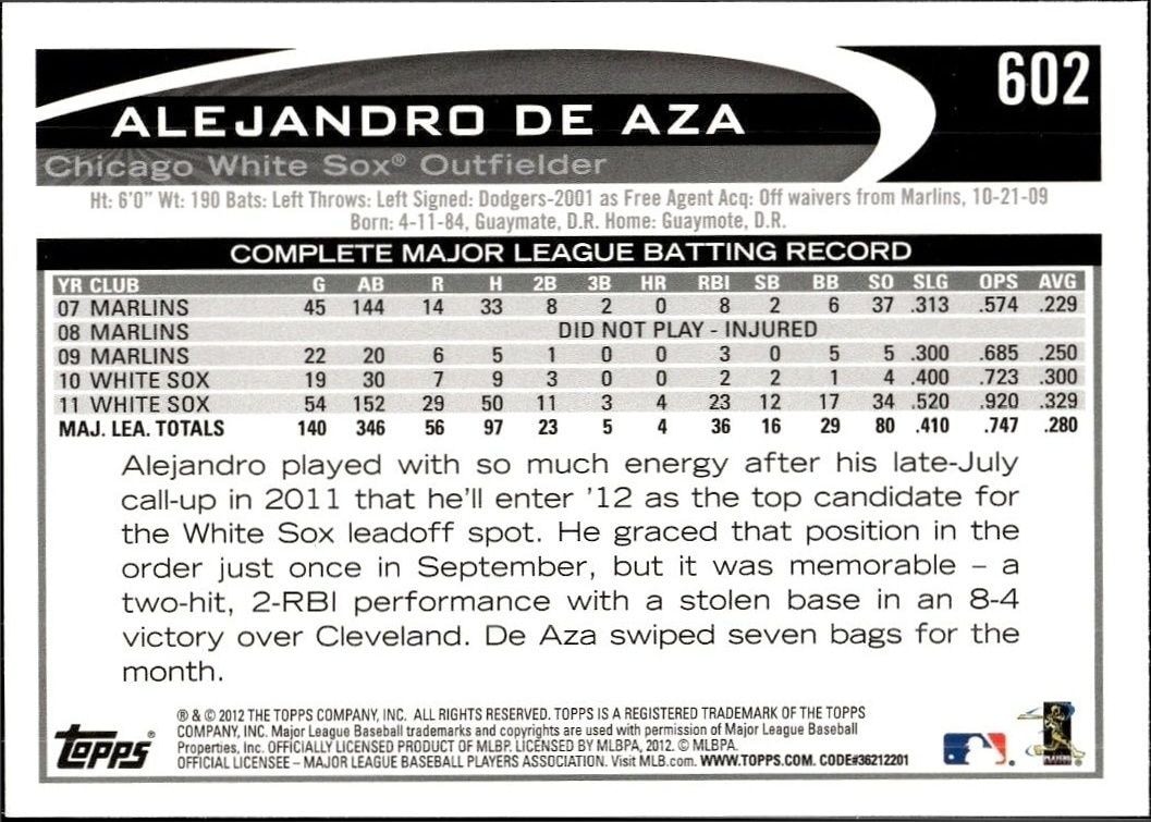 2012 Topps Alejandro De Aza #602 baseball trading card back